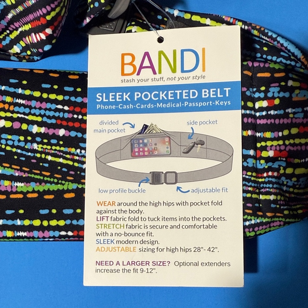 NWT BANDI Black Multi-Color Stretch Pocketed Travel Belt - Picture 2 of 10